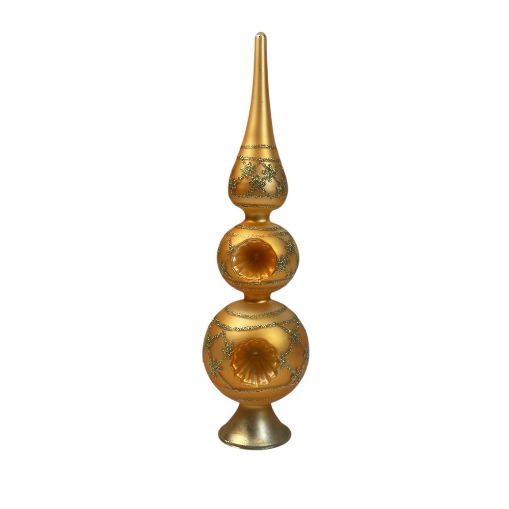 Vintage Gold Double Indent Glass Finial Tree Topper‎ Glitter Lattice Detail
